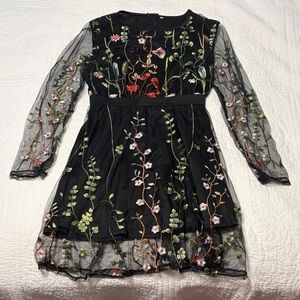 Charming Black Floral Embroidered Kids Dress